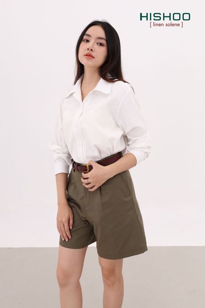 Quần kaki nữ lưng cao xếp li Hishoo short suông basic mặc đi chơi, đi làm HISHOO Q2G001