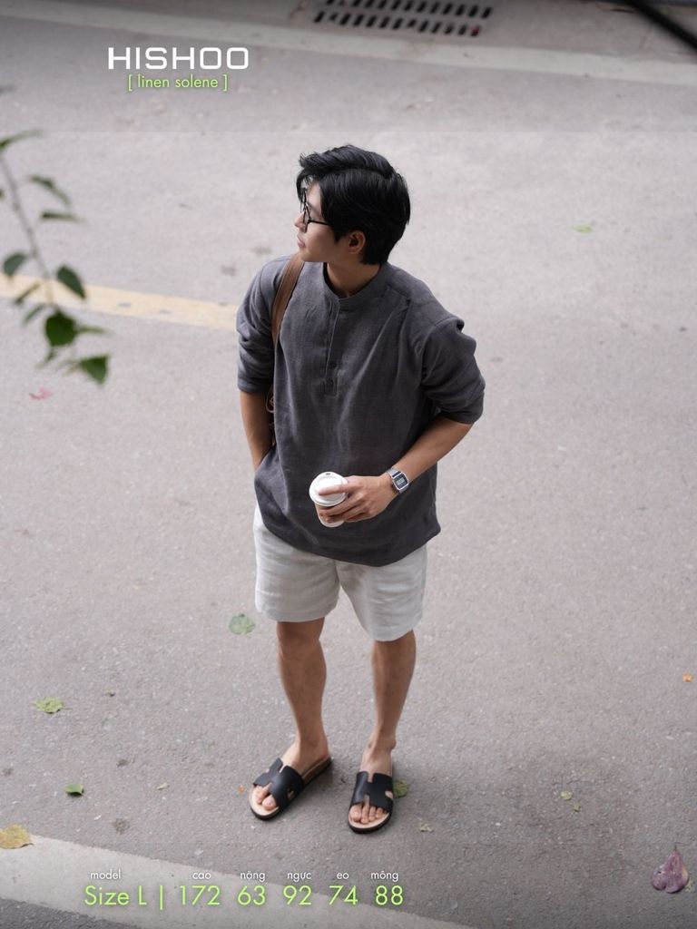 Áo Sơ Mi Nam Xám Chuột Tay Dài Relax Form Rộng, Cổ Polo Tàu Vuông, Xẻ V Linen Solene Vải Mềm Mát HISHOO A3T002