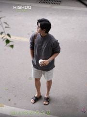 Áo Sơ Mi Nam Xám Chuột Tay Dài Relax Form Rộng, Cổ Polo Tàu Vuông, Xẻ V Linen Solene Vải Mềm Mát HISHOO A3T002