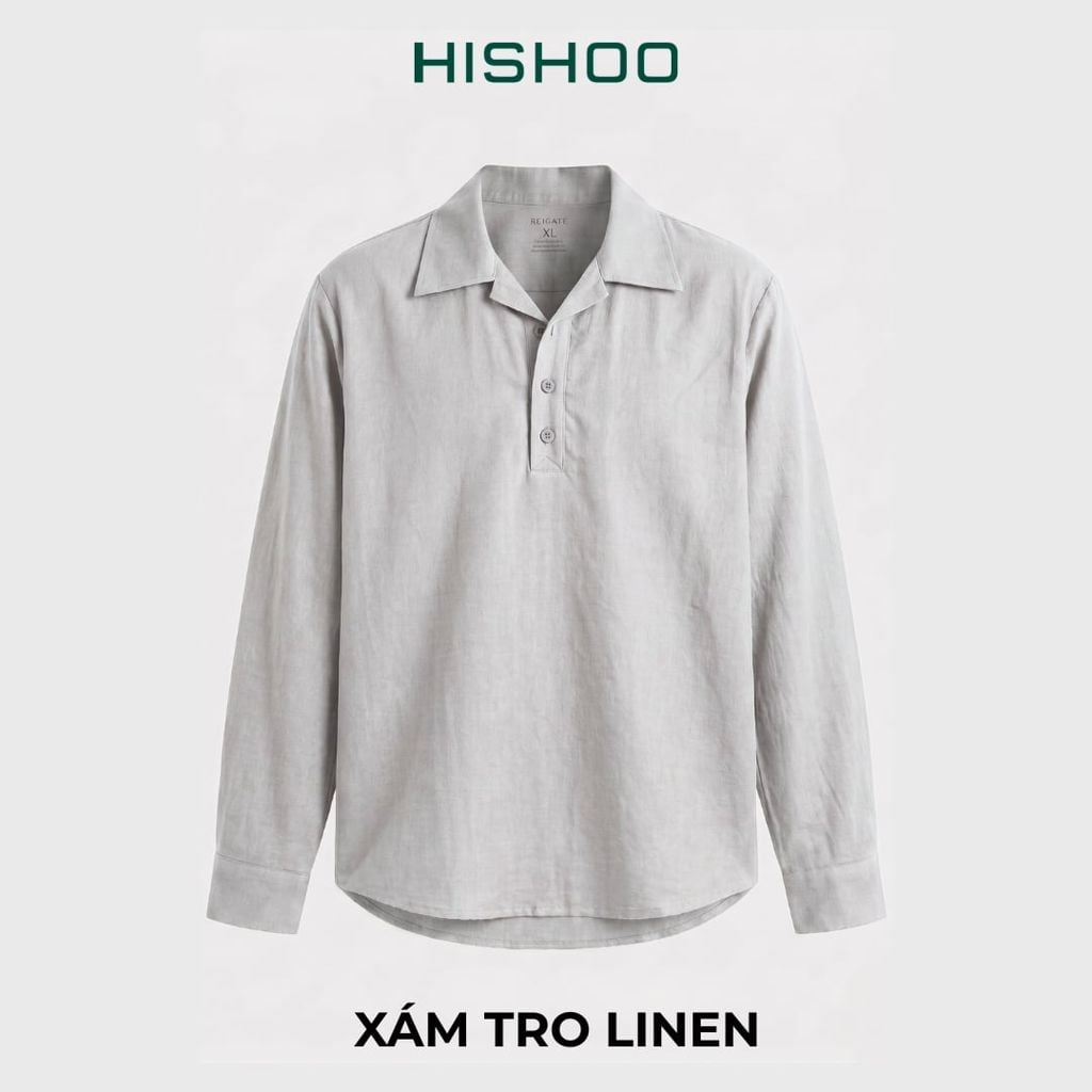 Áo Sơ Mi Nam Tay Dài Relax Form Rộng, Cổ Polo Danton, Xẻ V Linen Solene Vải Mềm Mát HISHOO A3T004