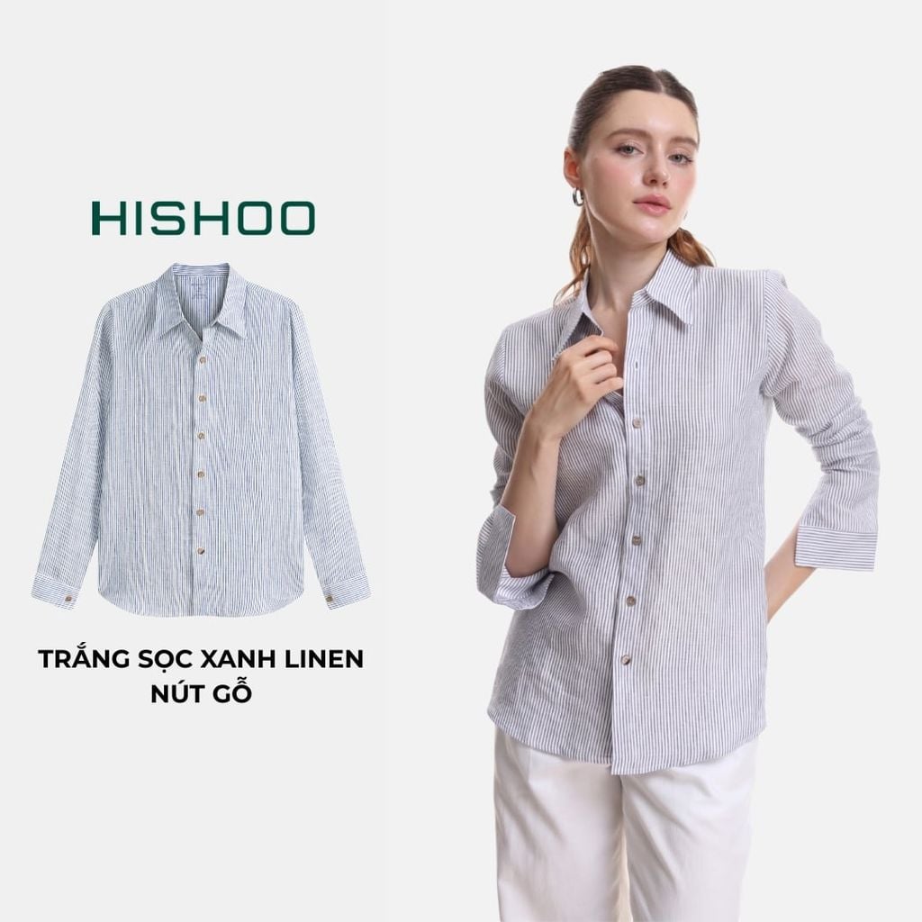 Áo Sơ Mi Sọc Nút Gỗ Tay Dài Nữ Relax Form Rộng, Cổ Thường, Lai Ngang Linen Solene Vải Mềm Mát HISHOO A2G003
