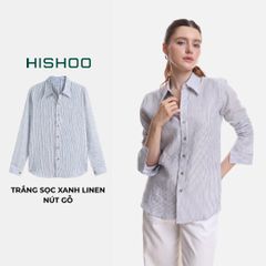 Áo Sơ Mi Sọc Nút Gỗ Tay Dài Nữ Relax Form Rộng, Cổ Thường, Lai Ngang Linen Solene Vải Mềm Mát HISHOO A2G003