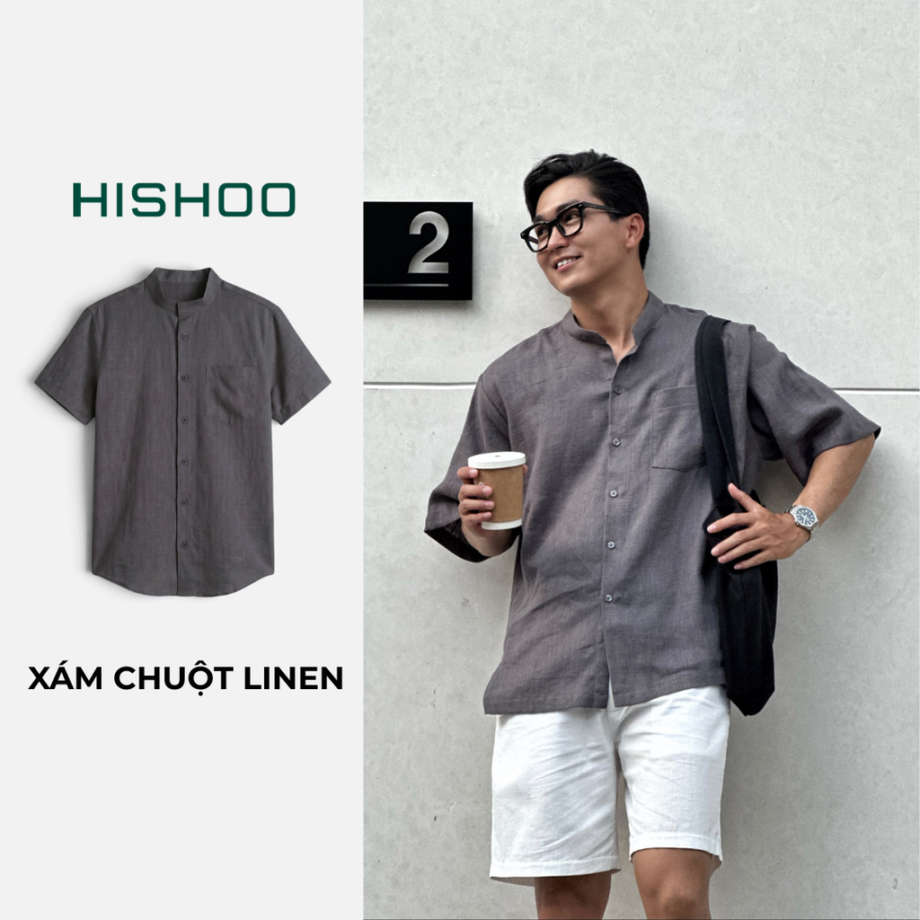 Áo Sơ Mi Nam Relax Form Rộng, Cổ Tàu Vuông, Lai Ngang Linen Solene Vải Mềm Mát HISHOO A1T002