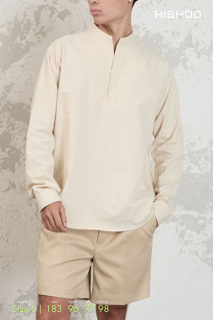 Áo Sơ Mi Nam Tay Dài Relax Form Rộng, Cổ Polo Tàu Vuông, Xẻ V Linen Solene Vải Mềm Mát HISHOO A3T002
