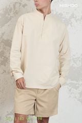 Áo Sơ Mi Nam Tay Dài Relax Form Rộng, Cổ Polo Tàu Vuông, Xẻ V Linen Solene Vải Mềm Mát HISHOO A3T002