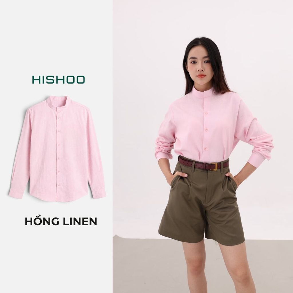 Áo Sơ Mi Tay Dài Nữ Relax Form Rộng, Cổ Tàu Vuông, Lai Ngang Linen Solene Vải Mềm Mát HISHOO A2G002
