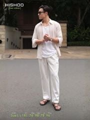 Áo Sơ Mi Trắng Sọc Nâu Nút Gỗ Tay Dài Nam Relax Form Rộng, Cổ Thường, Lai Ngang Linen Solene Vải Mềm Mát HISHOO A2T003