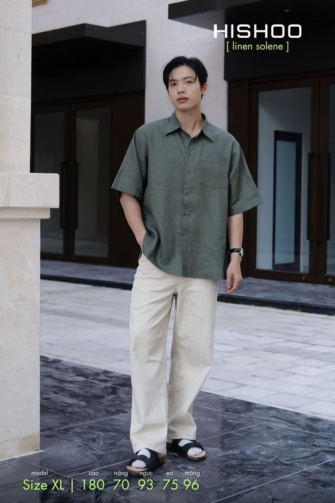 Áo Sơ Mi Nam Rêu  Relax Form Rộng, Cổ Thường, Lai Ngang Linen Solene Vải Mềm Mát HISHOO A1T003