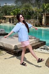 Áo Sơ Mi Xanh Nhạt Nữ Relax Form Rộng, Cổ Danton, Lai Ngang Linen Solene Vải Mềm Mát HISHOO A1G004