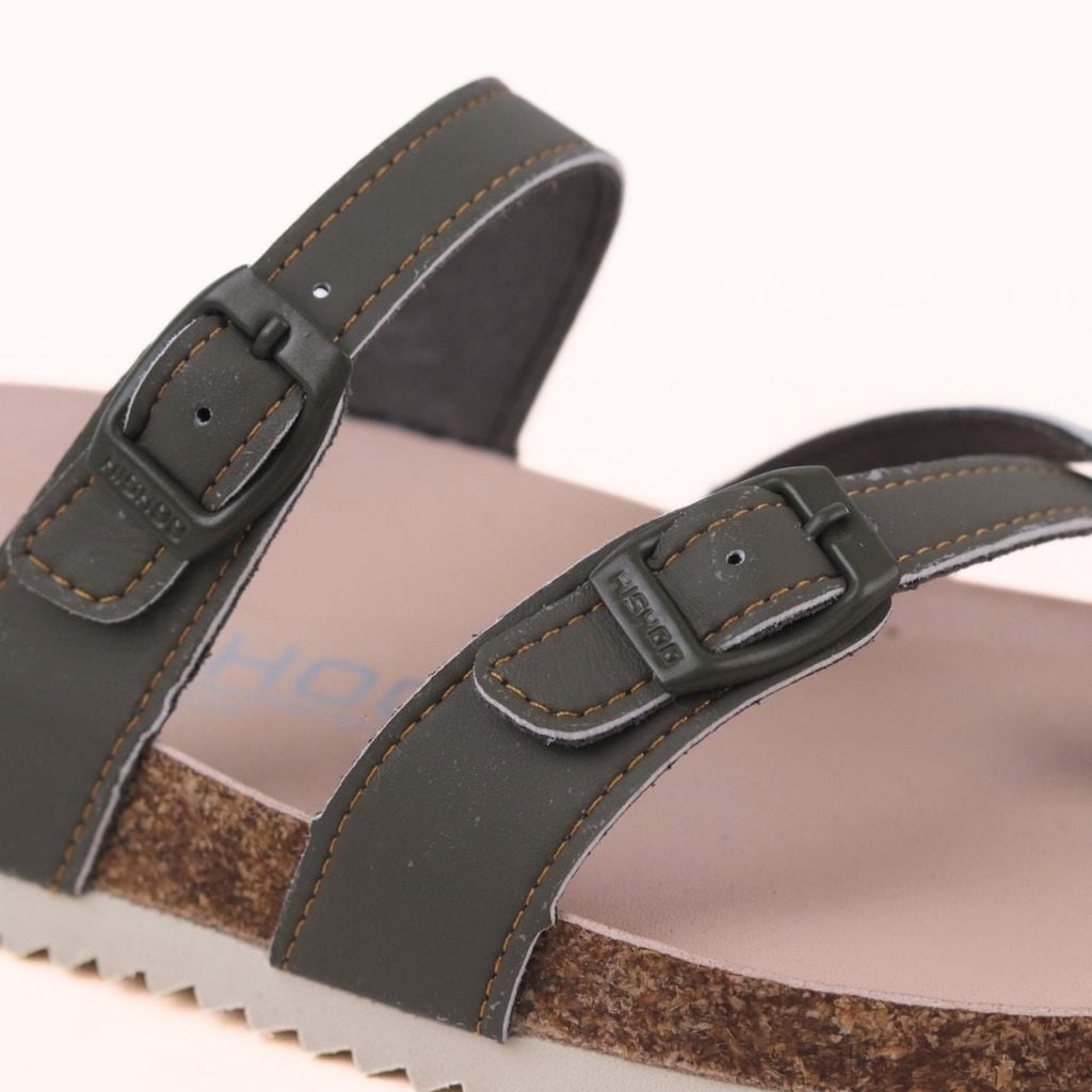 Dép đế trấu birken Xỏ Ngón Xanh Olive Da Trơn Premium HISHOO B098