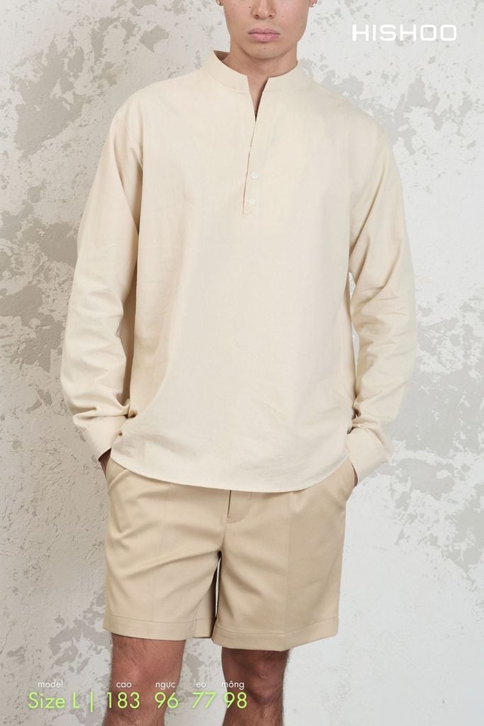 Áo Sơ Mi Nam Kem Tay Dài Relax Form Rộng, Cổ Polo Tàu Vuông, Xẻ V Linen Solene Vải Mềm Mát HISHOO A3T002