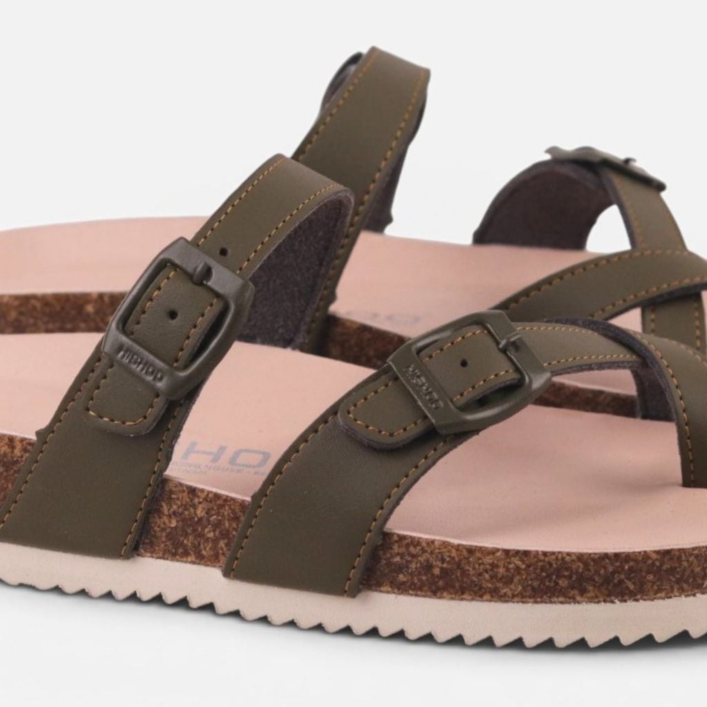 Dép đế trấu birken Xỏ Ngón Xanh Olive Da Trơn Premium HISHOO B098