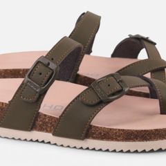 Dép đế trấu birken Xỏ Ngón Xanh Olive Da Trơn Premium HISHOO B098