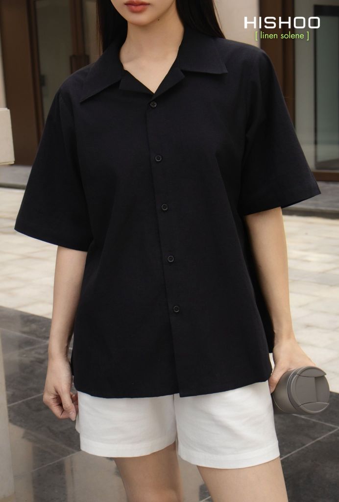Áo Sơ Mi Nữ Đen Relax Form Rộng, Cổ Danton, Lai Ngang Linen Solene Vải Mềm Mát HISHOO A1G004