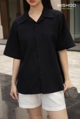 Áo Sơ Mi Nữ Đen Relax Form Rộng, Cổ Danton, Lai Ngang Linen Solene Vải Mềm Mát HISHOO A1G004