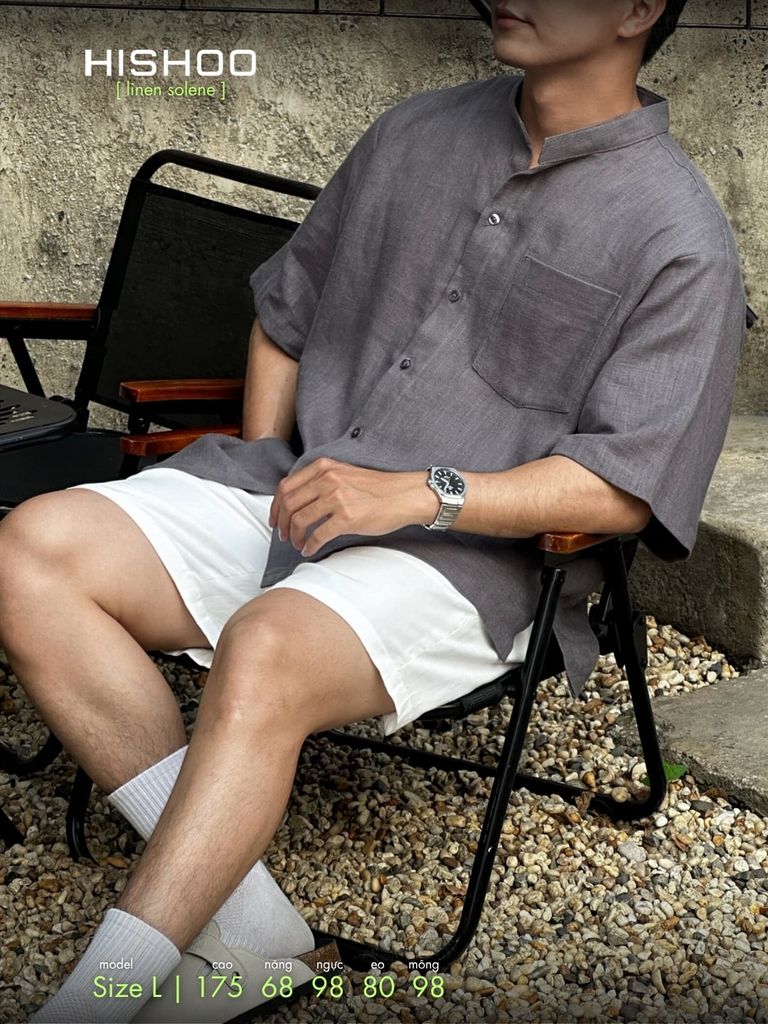 Áo Sơ Mi Xám Chuột Nam Relax Form Rộng, Cổ Tàu Vuông, Lai Ngang Linen Solene Vải Mềm Mát HISHOO A1T002