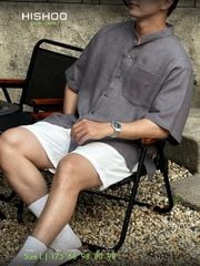 Áo Sơ Mi Xám Chuột Nam Relax Form Rộng, Cổ Tàu Vuông, Lai Ngang Linen Solene Vải Mềm Mát HISHOO A1T002