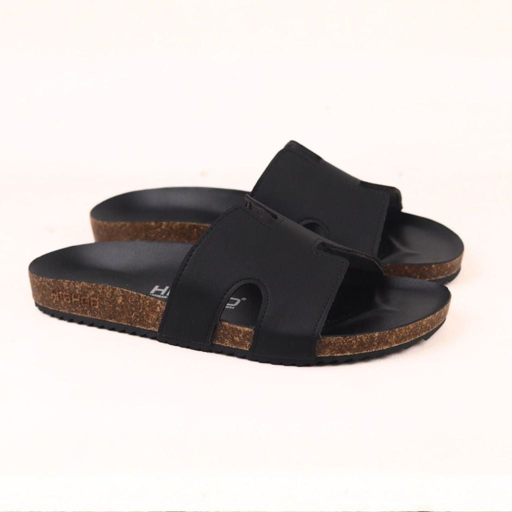 Dép đế trấu birken Chữ H MẶT ĐEN da SAFFIANO Hishoo M095