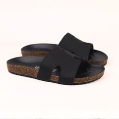 Dép đế trấu birken Chữ H MẶT ĐEN da SAFFIANO Hishoo M095