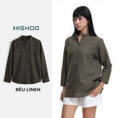 Áo Sơ Mi Nữ Tay Dài Relax Form Rộng, Cổ Polo Tàu Vuông, Xẻ V Linen Solene Vải Mềm Mát HISHOO A3G002