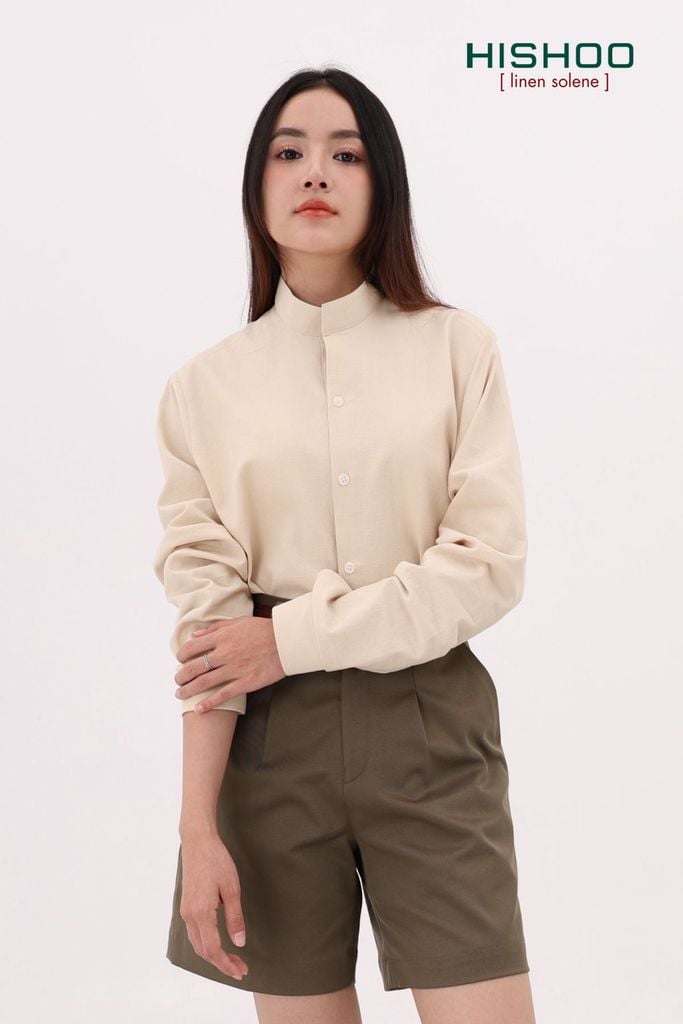 Áo Sơ Mi Kem Tay Dài Nữ Relax Form Rộng, Cổ Tàu Vuông, Lai Ngang Linen Solene Vải Mềm Mát HISHOO A2G002