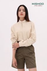 Áo Sơ Mi Kem Tay Dài Nữ Relax Form Rộng, Cổ Tàu Vuông, Lai Ngang Linen Solene Vải Mềm Mát HISHOO A2G002