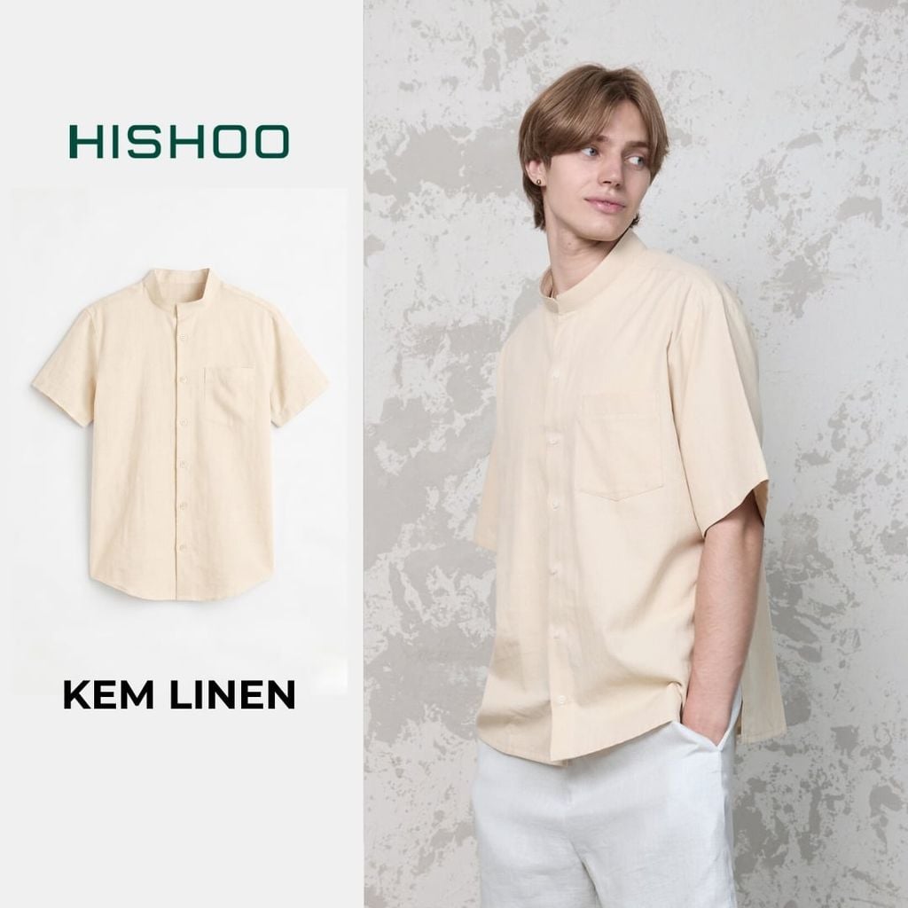 Áo Sơ Mi Nam Relax Form Rộng, Cổ Tàu Vuông, Lai Ngang Linen Solene Vải Mềm Mát HISHOO A1T002