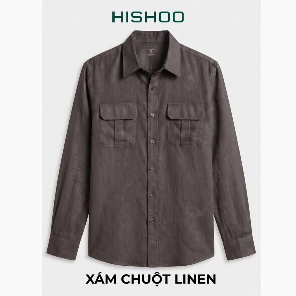 Áo Sơ Mi Nam 2 Túi Tay Dài  Relax Form Rộng, Cổ Thường, Lai Ngang Linen Solene Vải Mềm Mát HISHOO A2T005