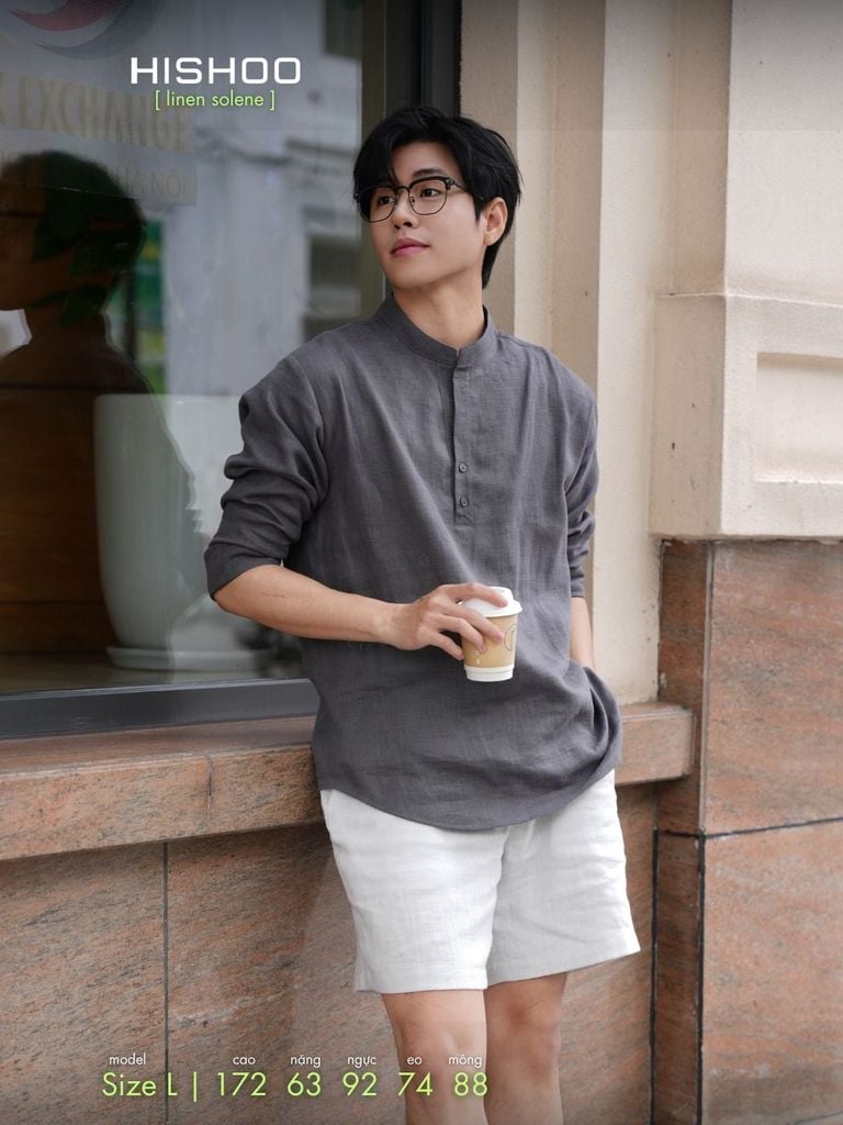Áo Sơ Mi Nam Xám Chuột Tay Dài Relax Form Rộng, Cổ Polo Tàu Vuông, Xẻ V Linen Solene Vải Mềm Mát HISHOO A3T002