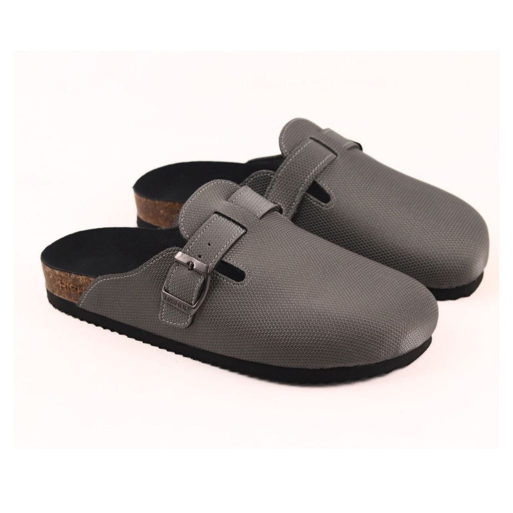 Dép đế trấu sục Boston quai ngang Xám Ghi da saffiano  HISHOO R109