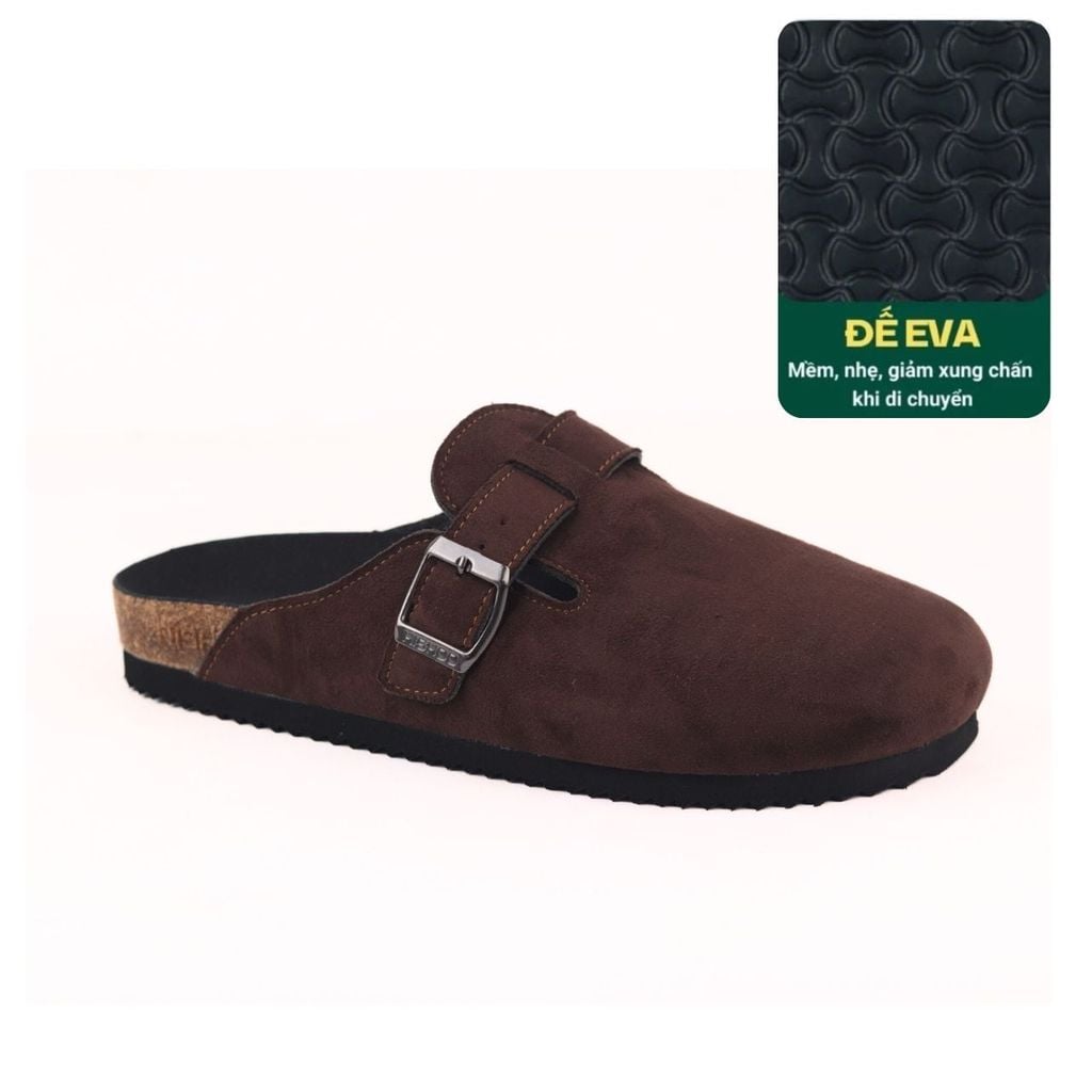 Dép đế trấu sục Boston quai ngang Nâu Walnut da lộn  HISHOO R109
