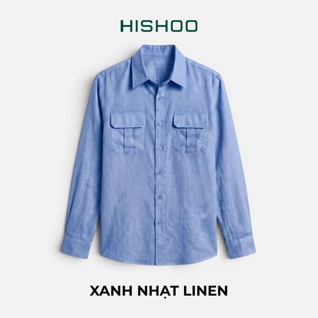 Áo Sơ Mi Nam 2 Túi Tay Dài  Relax Form Rộng, Cổ Thường, Lai Ngang Linen Solene Vải Mềm Mát HISHOO A2T005