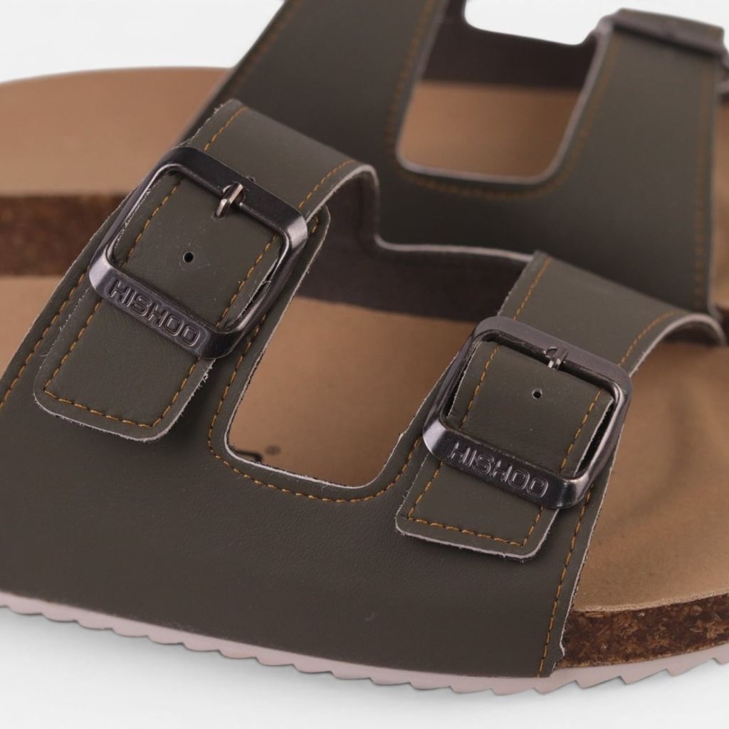 Dép đế trấu birken Rêu quai ngang 2 khoá da bò HISHOO M093