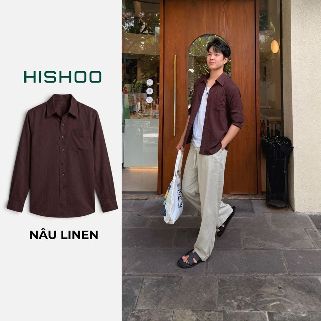 Áo Sơ Mi Nam Tay Dài Relax Form Rộng, Cổ Thường, Lai Ngang Linen Solene Vải Mềm Mát HISHOO A2T003