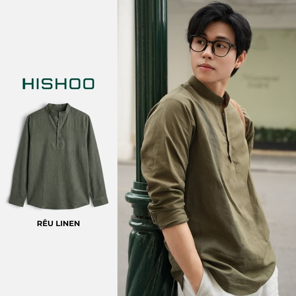 Áo Sơ Mi Nam Tay Dài Relax Form Rộng, Cổ Polo Tàu Vuông, Xẻ V Linen Solene Vải Mềm Mát HISHOO A3T002