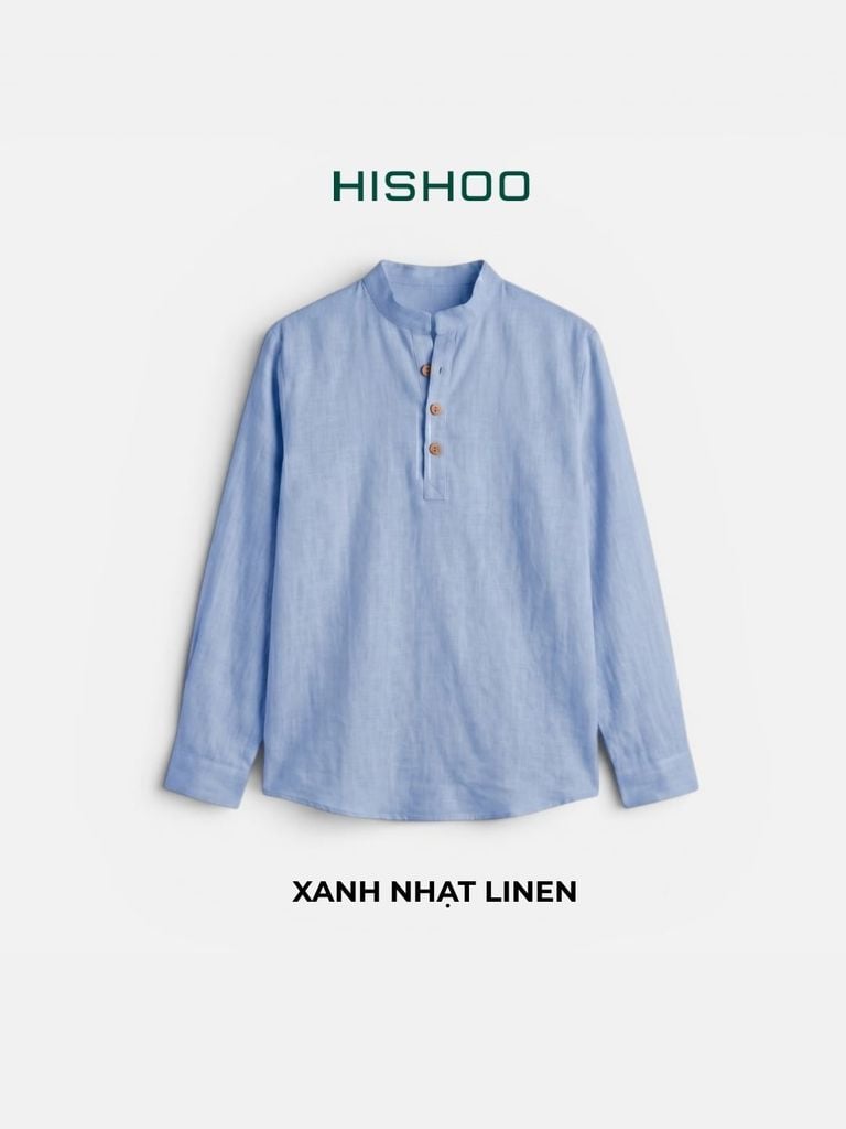 Áo Sơ Mi Nữ Nút Gỗ Tay Dài Relax Form Rộng, Cổ Polo Tàu Vuông, Xẻ V Linen Solene Vải Mềm Mát HISHOO A3G002