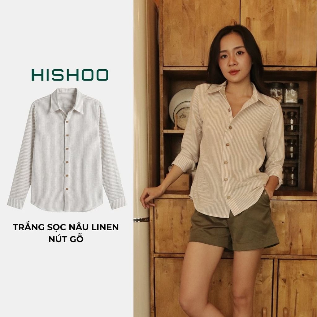 Áo Sơ Mi Sọc Nút Gỗ Tay Dài Nữ Relax Form Rộng, Cổ Thường, Lai Ngang Linen Solene Vải Mềm Mát HISHOO A2G003