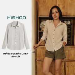 Áo Sơ Mi Sọc Nút Gỗ Tay Dài Nữ Relax Form Rộng, Cổ Thường, Lai Ngang Linen Solene Vải Mềm Mát HISHOO A2G003