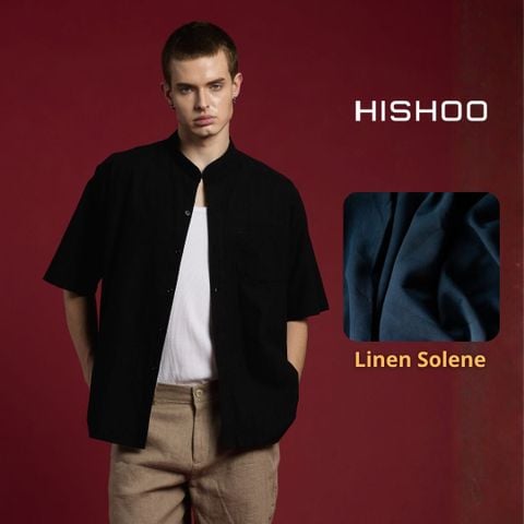 Áo Sơ Mi Nam Đen Relax Form Rộng, Cổ Tàu Tròn, Lai Ngang Linen Solene Vải Mềm Mát HISHOO A1T001