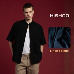 Áo Sơ Mi Nam Đen Relax Form Rộng, Cổ Tàu Tròn, Lai Ngang Linen Solene Vải Mềm Mát HISHOO A1T001