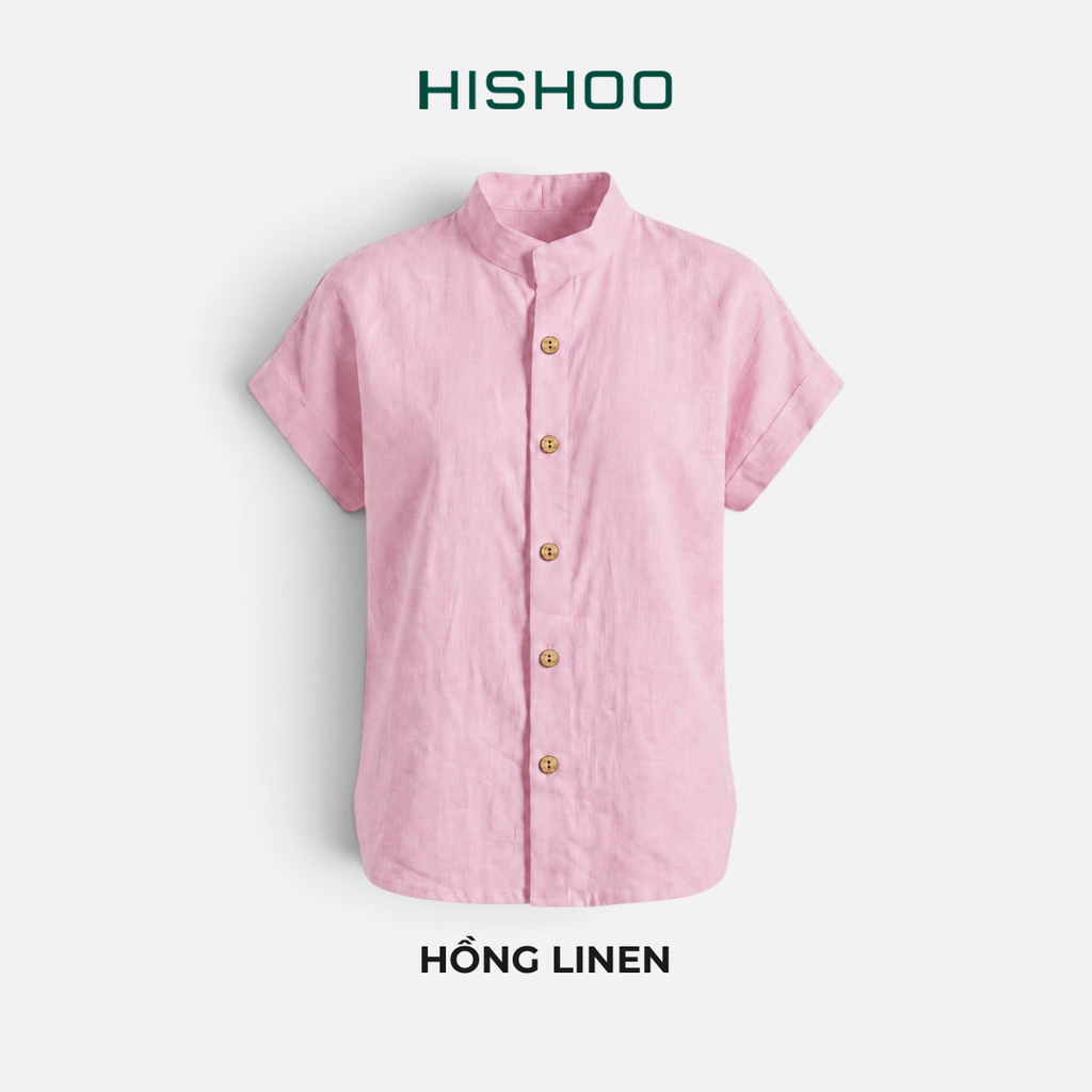 Áo Sơ Mi Nữ Nút Gỗ Tay Ngắn Relax Form Rộng, Cổ Tàu Vuông, Linen Solene Vải Mềm Mát HISHOO A4G002