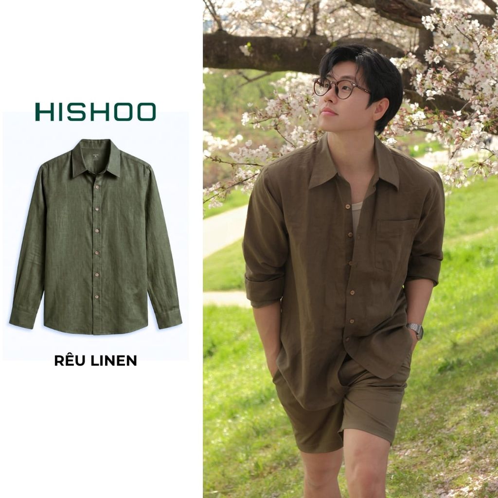 Áo Sơ Mi Rêu Nút Gỗ Nam Tay Dài Relax Form Rộng, Cổ Thường, Lai Ngang Linen Solene Vải Mềm Mát HISHOO A2T003