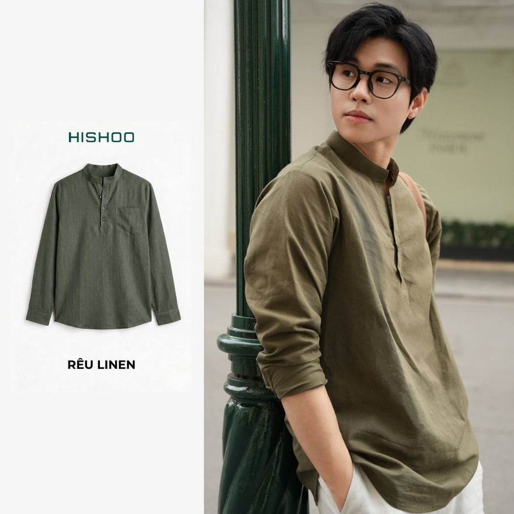 Áo Sơ Mi Nam Tay Dài Relax Form Rộng, Cổ Polo Tàu Vuông, Xẻ V Linen Solene Vải Mềm Mát HISHOO A3T002