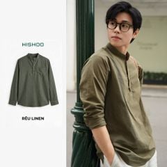 Áo Sơ Mi Nam Tay Dài Relax Form Rộng, Cổ Polo Tàu Vuông, Xẻ V Linen Solene Vải Mềm Mát HISHOO A3T002
