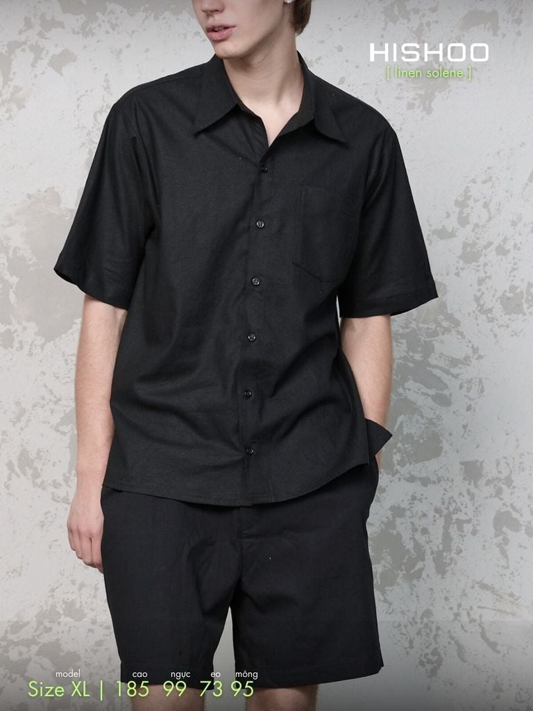 Áo Sơ Mi Nam Đen Relax Form Rộng, Cổ Thường, Lai Ngang Linen Solene Vải Mềm Mát HISHOO A1T003