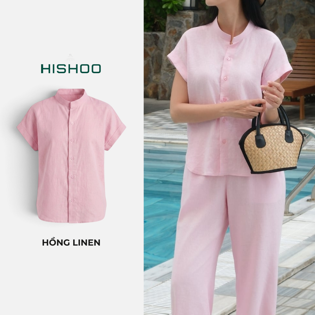 Áo Sơ Mi Nữ Tay Ngắn Relax Form Rộng, Cổ Tàu Vuông, Linen Solene Vải Mềm Mát HISHOO A4G002