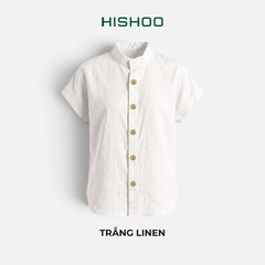 Áo Sơ Mi Nữ Nút Gỗ Tay Ngắn Relax Form Rộng, Cổ Tàu Vuông, Linen Solene Vải Mềm Mát HISHOO A4G002
