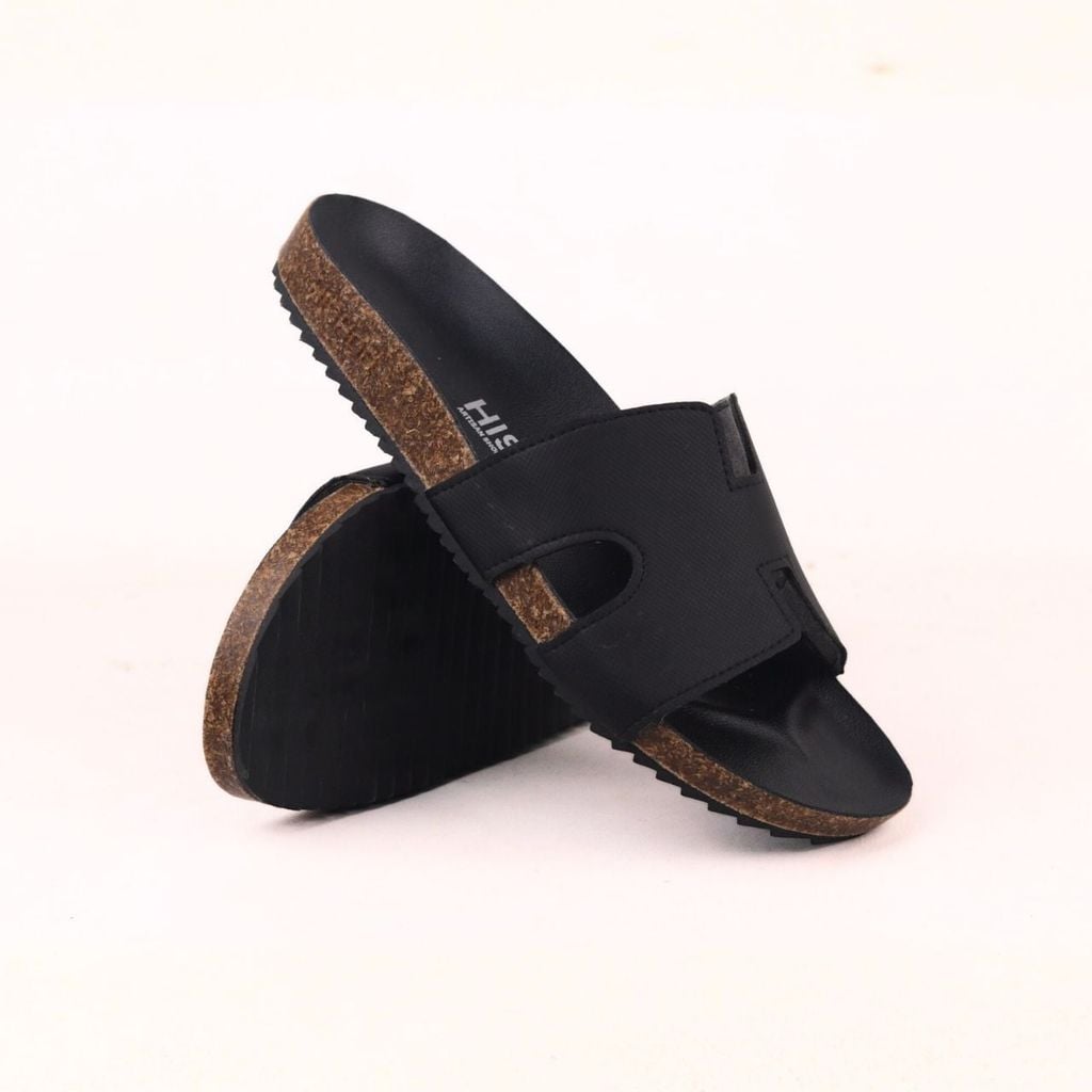 Dép đế trấu birken Chữ H MẶT ĐEN da SAFFIANO Hishoo M095