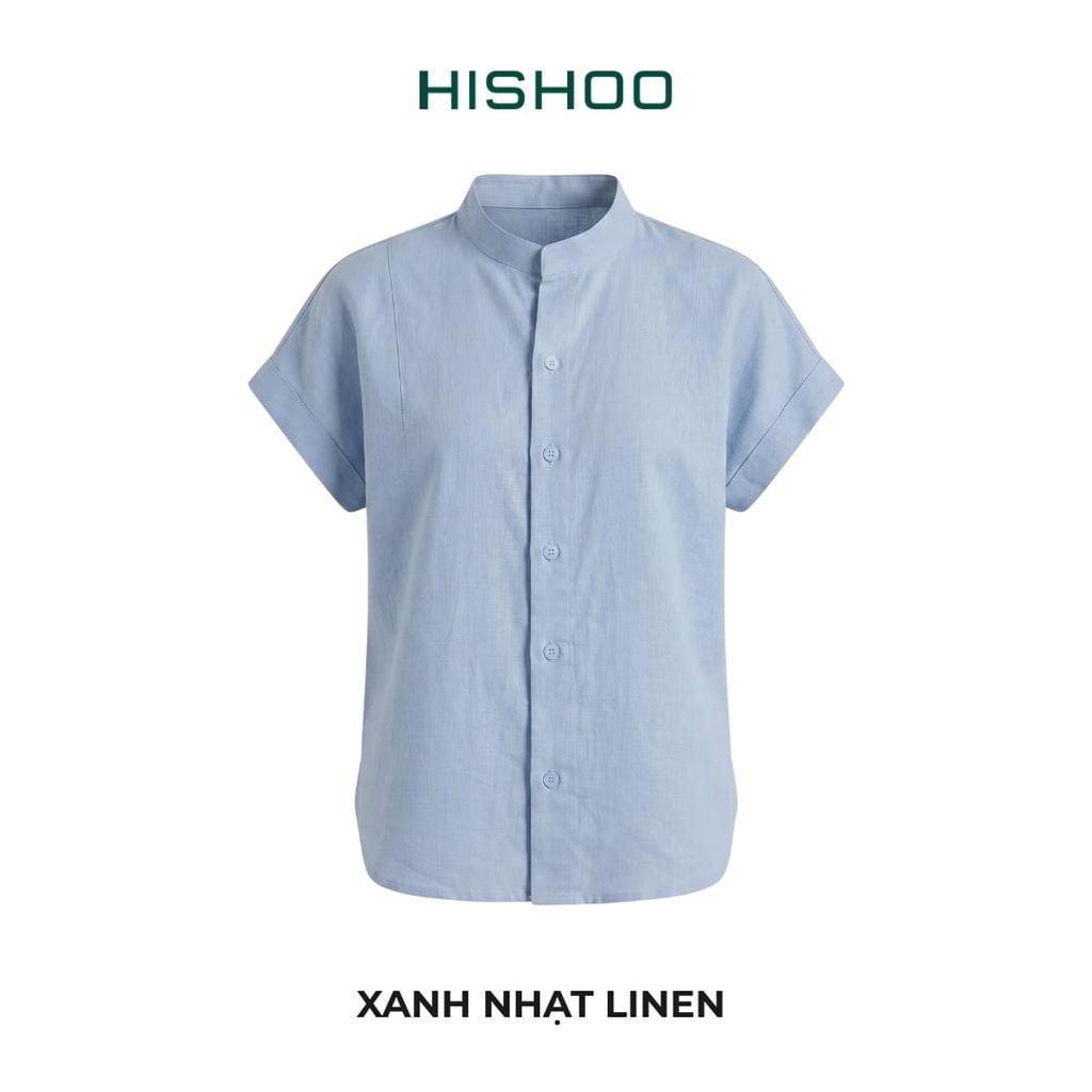 Áo Sơ Mi Nữ Tay Ngắn Relax Form Rộng, Cổ Tàu Vuông, Linen Solene Vải Mềm Mát HISHOO A4G002