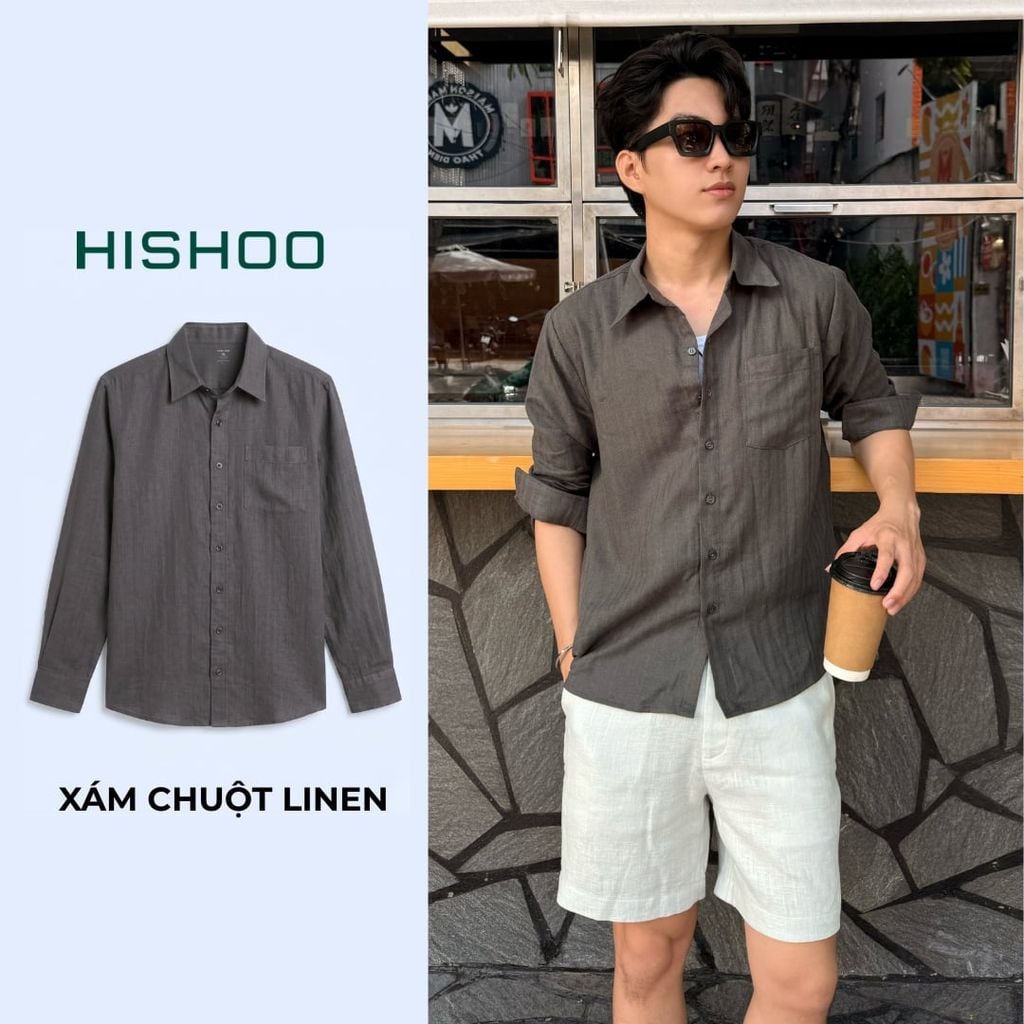Áo Sơ Mi Nam Tay Dài Relax Form Rộng, Cổ Thường, Lai Ngang Linen Solene Vải Mềm Mát HISHOO A2T003